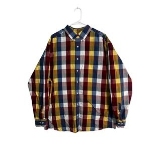Roundtree & Yorke Mens 2XT Plaid Button Down Shirt Red Yellow Blue Cotton Tall
